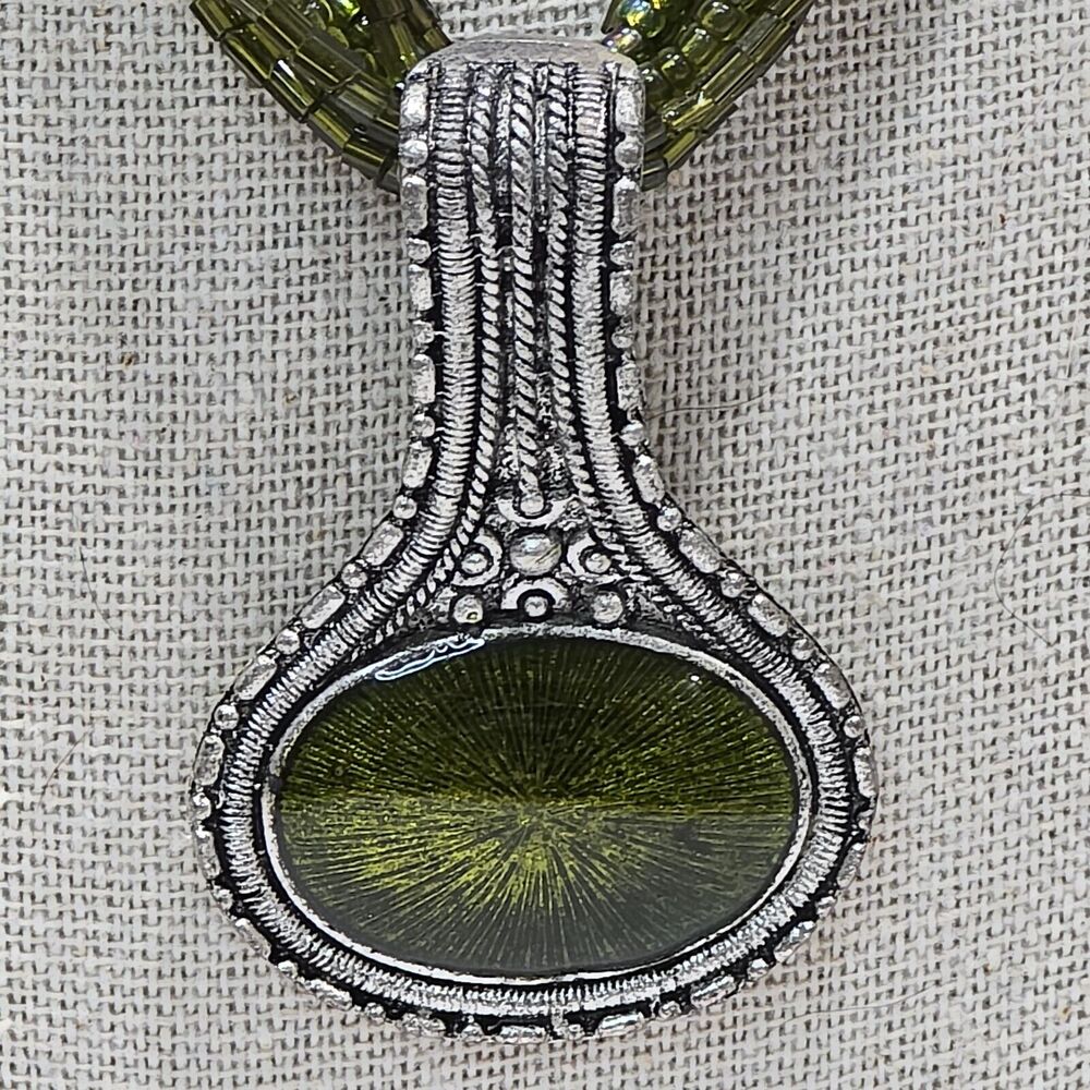 Green Seed Bead Multi Strand Silver Tone Enamel Pendant Necklace - Picture 5 of 13